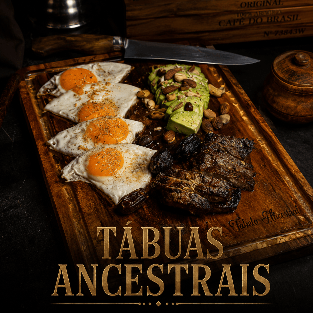 Tábua Ancestral com ovos, abacate, castanhas e carne