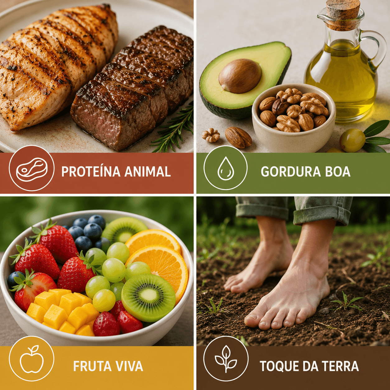 As 4 forças: proteína animal, gordura boa, fruta viva e toque da terra